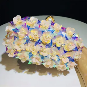 Stunning floral sequin evening clutch bag with pearl details for women elegant party.