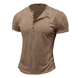 Men's casual short sleeve Henley t-shirt, comfortable slim fit muscle style with button placket.