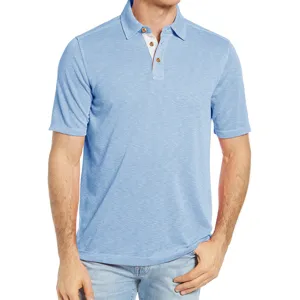 Close-up detail view of the light blue short sleeve polo shirt collar and buttons.