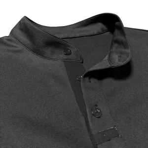 Men's black long sleeve stand collar polo shirt detail view, breathable mesh fabric.