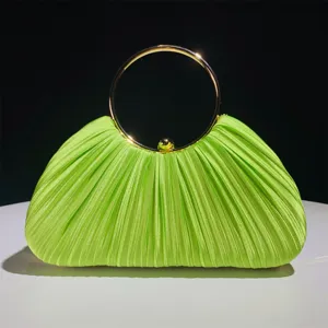 Green satin pleated evening clutch bag with gold round handle for party and wedding events