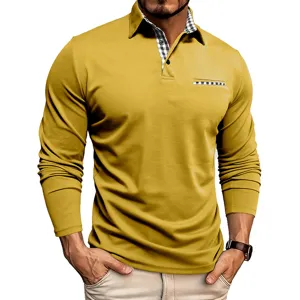Vista dettagliata di una polo uomo a manica lunga giallo senape con colletto a quadretti.