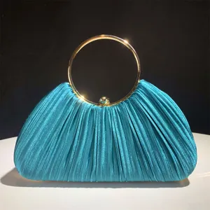 Elegant turquoise satin pleated evening bag with gold ring handle for party prom women.