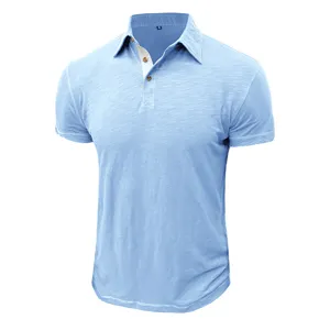 Light blue cotton short sleeve polo shirt detail, slim fit men business casual top.