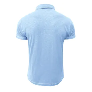 Men's light blue short sleeve slim fit polo shirt back detail showing texture and collar design.
