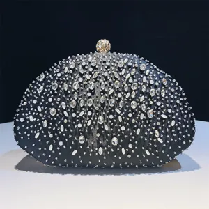 Elegante zwarte strass avondtas clutch met parel details voor bruiloften en feesten.