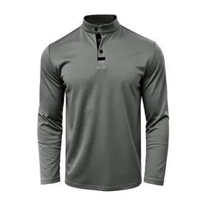 Men's grey long sleeve stand collar shirt detail showcasing button placket and smooth fabric.