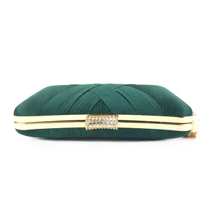 Dark green pleated satin evening clutch bag with gold metal frame and sparkling rhinestone clasp.