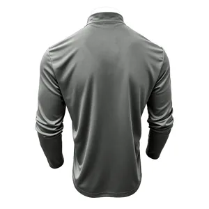 Back view detail of men's solid color stand collar long sleeve top, casual autumn wear.