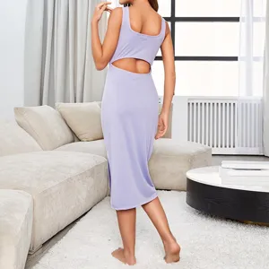 Femme robe midi côtelée dos nu décontractée sexy loungewear été sans manches unie nuisette robe