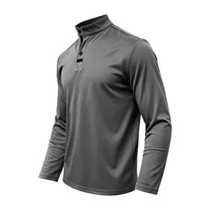 Men's grey long sleeve mock neck shirt with three-button placket detail for autumn daily wear.