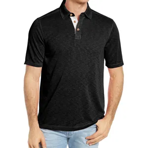 Close-up of black short-sleeve men's polo shirt, slim fit design with button placket.