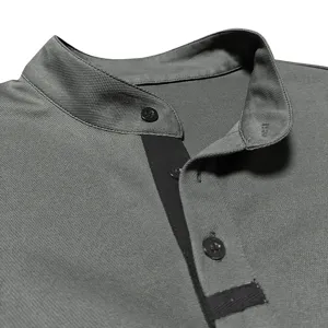 Men's stand collar long sleeve shirt detail view, breathable grey fabric with black buttons.