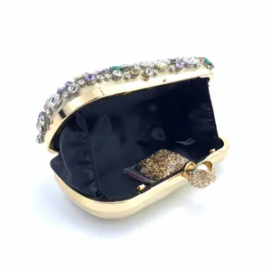 Elegant rhinestone evening clutch bag with metal frame, luxury women's crystal party handbag.