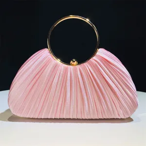 Elegant pink satin pleated evening clutch bag with round gold metal handle for women party.