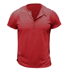 Red men's short sleeve Henley t-shirt detail, showing button placket and fabric texture.