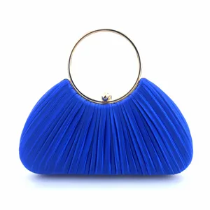 Elegant royal blue satin pleated evening clutch bag with gold round metal handle for party.