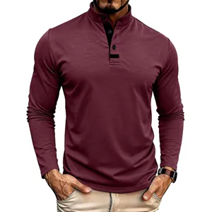 Men's casual long sleeve stand collar shirt in burgundy with black placket detail for autumn.