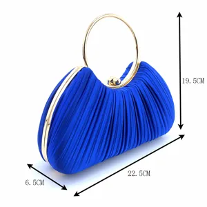 Blue satin pleated evening clutch bag with gold round metal handle for women parties