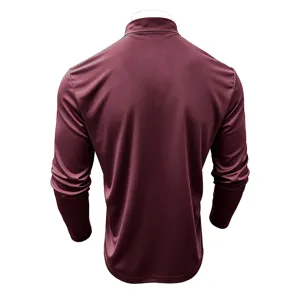 Men's solid color mock neck long sleeve shirt back view showing tailoring details and fabric texture.