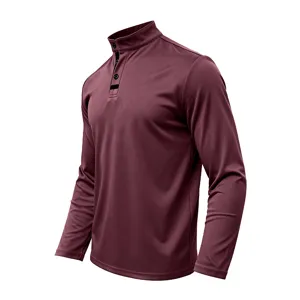Close-up detail of the burgundy men's mock neck long sleeve shirt collar and buttons.