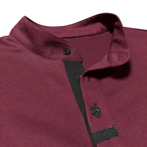 Close-up view of men's long sleeve stand collar shirt showing fine collar and button craft.