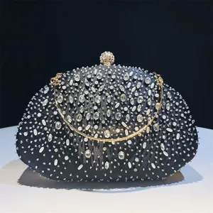 Elegante zwarte strass schelp avondtas tas met gouden ketting voor dames feest en bruiloft.
