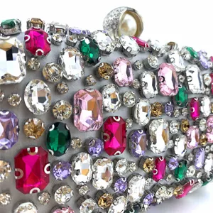 Handcrafted rhinestone evening clutch bag sparkling crystal luxury women box purse detailing.