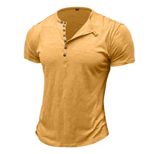 Detailed view of the yellow men's short sleeve Henley shirt collar and buttons design.