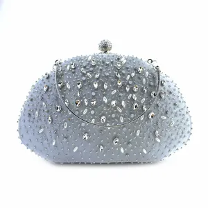 Zilveren strass avondtas voor dames, sprankelende schelp parel handtas voor bruiloft.