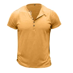 Yellow short-sleeve Henley t-shirt fabric detail with front button placket and collar tag.