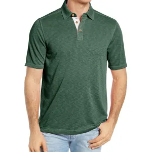 Men's short sleeve cotton polo shirt in dark green, slim fit business casual top details.