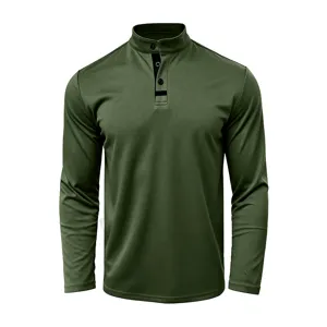 Men's Casual Army Green Long Sleeve Stand Collar T-Shirt Featuring Button Placket Top