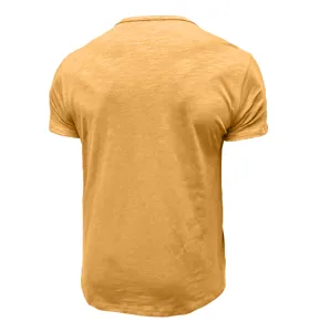 Back detail view of the solid color casual men's short sleeve t-shirt fabric texture.