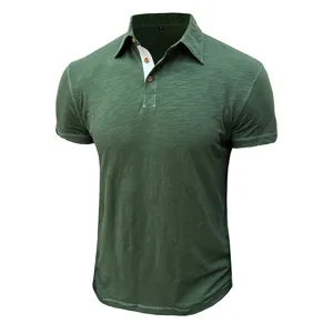 Men's short sleeve green polo shirt cotton slim fit casual business summer top for men