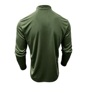 Back detail view of army green men's mock neck long sleeve athletic top, clean design.