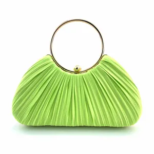Elegant green satin pleated evening clutch bag with luxury gold round metal handle for party.