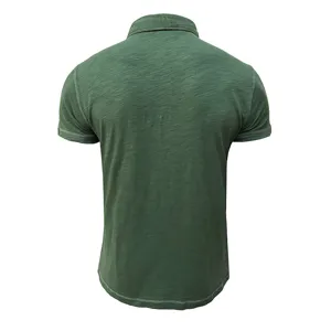 Men's short sleeve cotton polo shirt back detail view, slim fit business casual top.