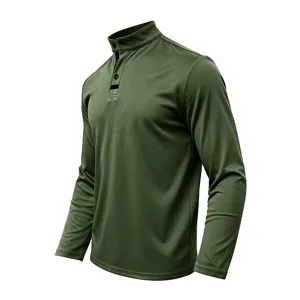 Men olive green long sleeve mock neck shirt detail showcasing smooth fabric texture.