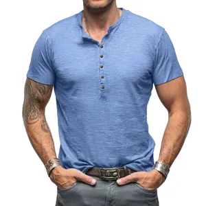 Men's Summer Casual Muscle Fit Henley Short Sleeve T-Shirt Detail View Classic