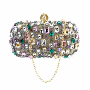Handmade luxury rhinestone evening clutch bag with gold chain and pearl clasp for women.