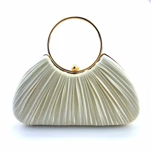 Exquisite pleated satin evening clutch bag with elegant golden round metal ring handle detail.