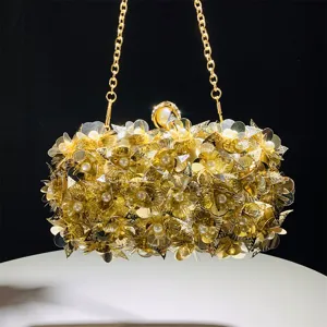 Golden sequin flower evening clutch bag with pearl accents and chain strap for women parties
