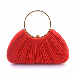 Red satin pleated evening clutch bag with metal ring handle for party dress wedding.