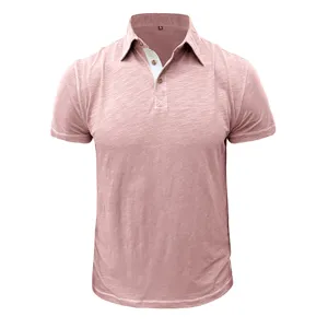 Men's short sleeve slim fit cotton polo shirt detail view, casual business vintage washed design.