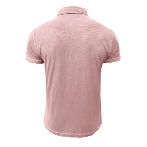 Back view detail of men short sleeve polo shirt, vintage washed solid color casual summer top.