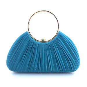 Elegant blue satin pleated evening clutch bag with gold round metal handle for party.