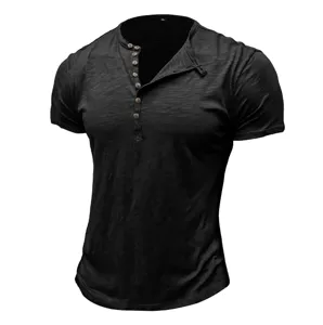 Men's Summer Casual Short Sleeve Henley T-Shirt Slim Fit Muscle Tee Solid Black Top