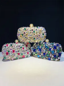 Luxury Handmade Full Rhinestone Evening Bag For Women Formal Party Clutch Purse Elegant Artificial Pearl Clasp Box Bag Wedding Handbag