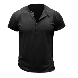 Men's casual slim fit short sleeve Henley t-shirt with buttons solid black summer top